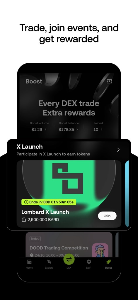OKX Wallet: Crypto & Web3 - Die App präsentiert exklusive „X Launch“-Events mit einem klaren Countdown-Timer (X) und bewirbt zusätzliche Belohnungen für jeden DEX-Trade (Y).