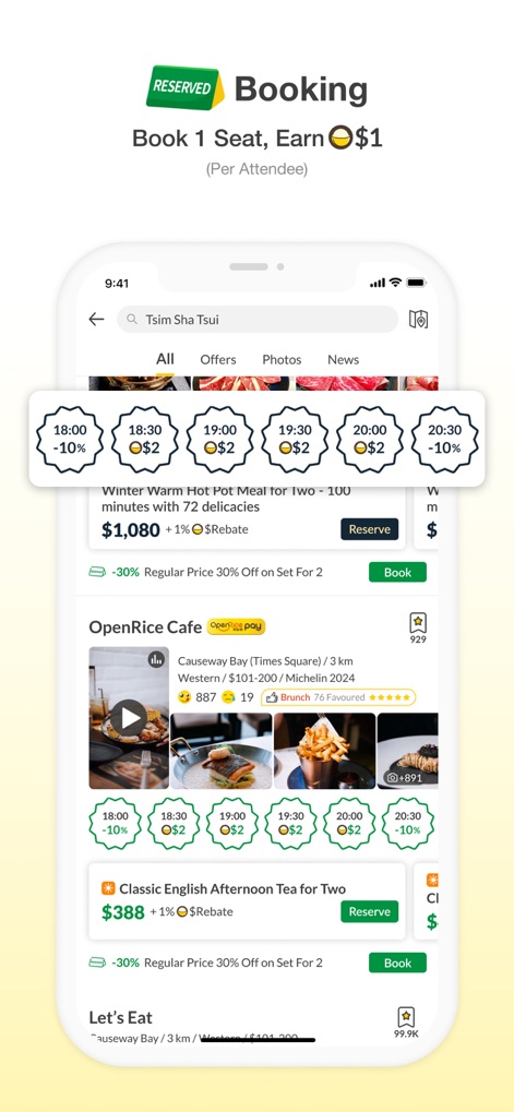 OpenRice - Users can easily secure a table by selecting preferred time slots with highlighted discounts and view comprehensive details of special menus and offers.