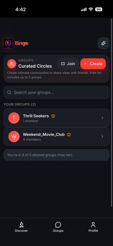 Binge. iPhone screenshot