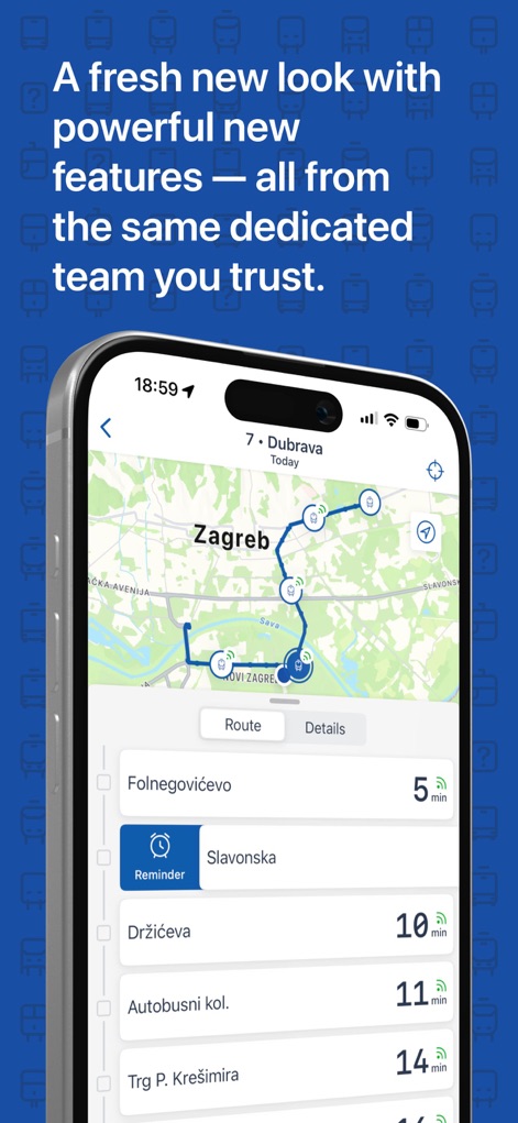 ZET info - Observe how the app intelligently visualizes planned routes on an interactive map and delivers precise real-time arrival estimates for each upcoming stop.