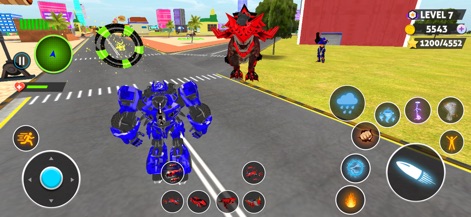 Dino Game & Robots Simulator - Experience the epic showdown between a formidable blue robot character and a menacing red dinosaur enemy, leveraging a variety of action buttons for strategic moves.