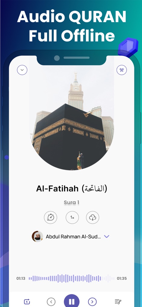 AL Quran MP3 Audio Offline - El reproductor de audio ofrece 'controles de reproducción intuitivos' y muestra 'la imagen de la Kaaba' como fondo, mejorando la concentración en la recitación de la Sura Al-Fatihah.