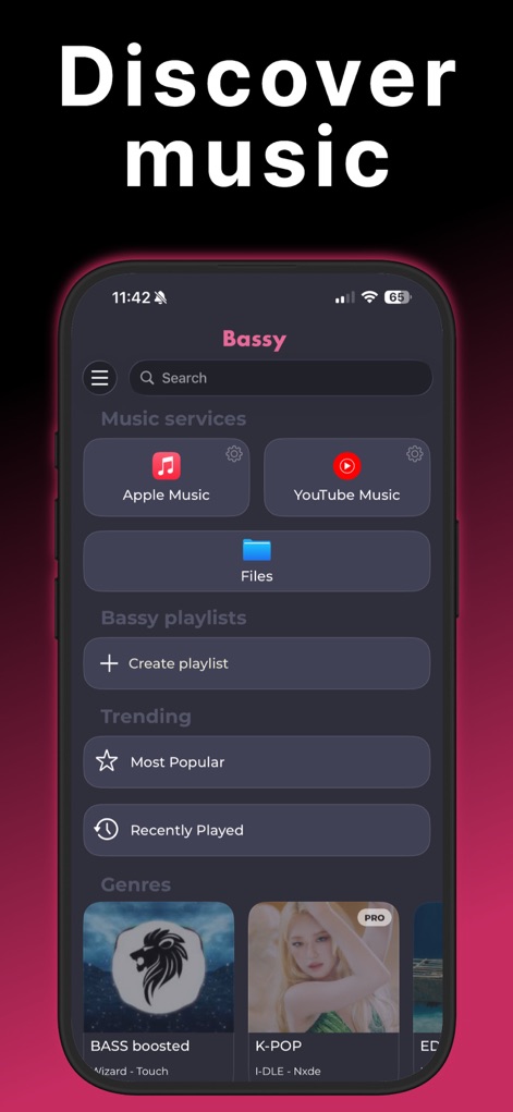 Bass Booster & Music EQ: BASSY - Explore a vast music collection with the integrated search bar and discover new sounds through curated genre categories like K-POP and EDM.