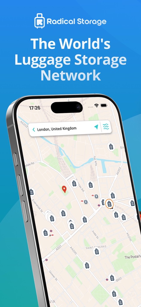 Radical: Luggage Storage - 사용자는 지도 인터페이스에서 런던의 보관 위치를 검색하고 수많은 수하물 아이콘으로 표시된 근처 옵션을 확인할 수 있습니다.