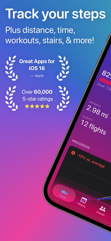 Steps - Activity Tracker - A tela inicial exibe o reconhecimento de 'Ótimos Aplicativos para iOS 16' e mais de '60.000 avaliações 5 estrelas', destacando a meta de passos e a distância percorrida.