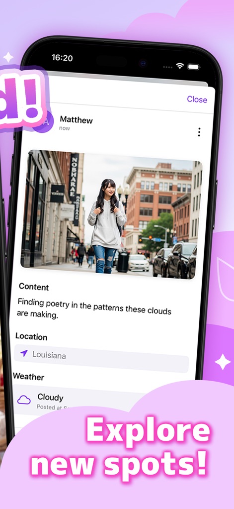 aero - Sky View Video Call - The app reveals user-generated posts with rich context, like the descriptive "Finding poetry in the patterns these clouds are making" and precise "Location: Louisiana" tagging.