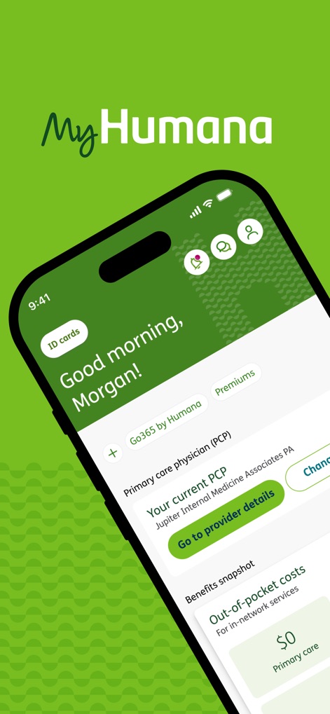 MyHumana - A tela inicial do aplicativo oferece um panorama personalizado da saúde, exibindo o saldo do plano "Go365 by Humana" e um resumo dos custos "Out-of-pocket" para o usuário.