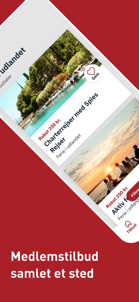 Ældre Sagen Tilbud - 이 앱은 매력적인 여행 할인 정보를 시각적으로 제시하며, 사용자는 각 제안에서 특정 할인 금액과 '저장' 아이콘을 확인할 수 있습니다.