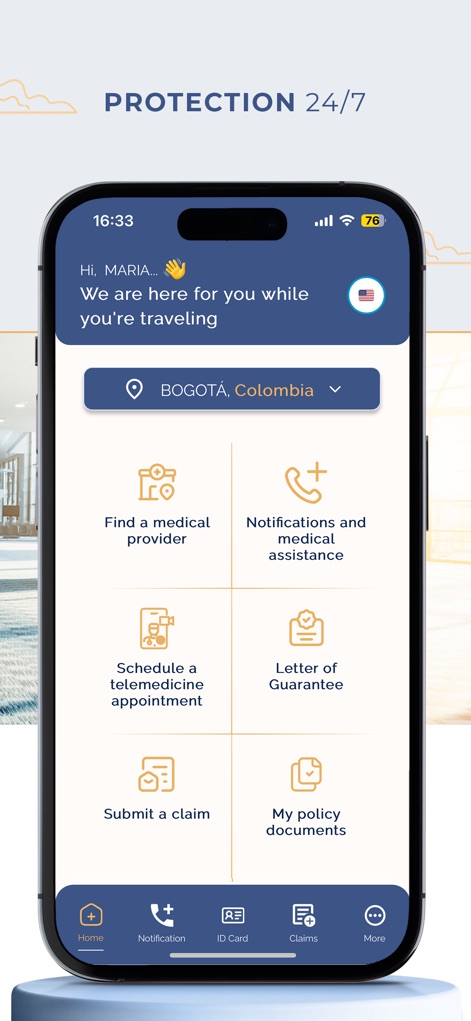 VUMI Travel VIP - L'application accueille chaleureusement l'utilisateur avec une salutation personnalisée et affiche les options principales pour une assistance rapide, telles que la recherche d'un fournisseur médical et la planification de rendez-vous de télémédecine.