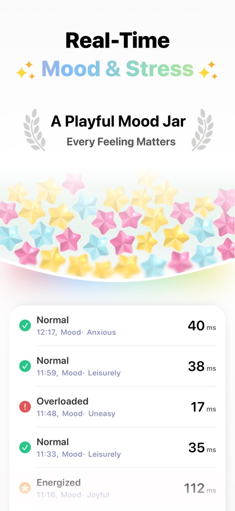 AMood: AI Mood Monitor - ユーザーは、リアルタイムで記録される「Anxious」や「Leisurely」といった気分ステータスと、それに対応する心拍変動（HRV）に基づくストレスレベル「40ms」などを確認できます。