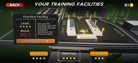 Super Tiny Football - Delve into the "Practice Facility" details, showcasing its level and boost, alongside the prominent upgrade button to enhance your team's development.