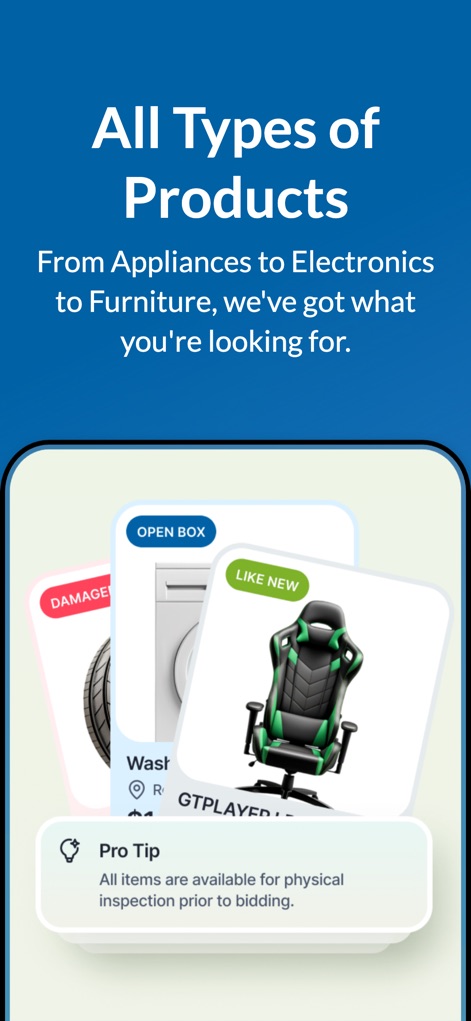 MAC.BID - Observe how the app clearly categorizes products with varied condition labels such as 'Open Box' and 'Like New', along with a 'Pro Tip' on physical inspection.