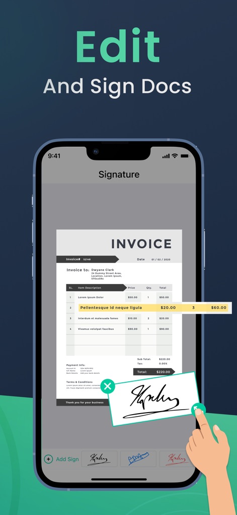 Camera Scanner: Scan to PDF - Gli utenti possono facilmente modificare e firmare documenti direttamente dal proprio dispositivo, come illustrato dall'interfaccia di modifica di una fattura e dall'azione di aggiungere una firma con un dito, semplificando la gestione dei file.