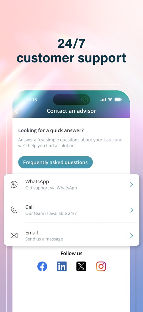 Almosafer: Flights & Stays - This screen underscores the app's comprehensive customer support, offering readily available contact methods such as 'WhatsApp' and direct 'Call' access for user convenience.