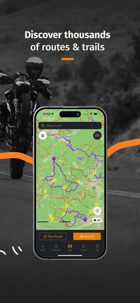 REVER - Motorcycle GPS & Rides - Users can easily discover an extensive selection of routes and trails, as vividly displayed by the interactive map interface and its prominent "Plan Route" and "Record" action buttons.
