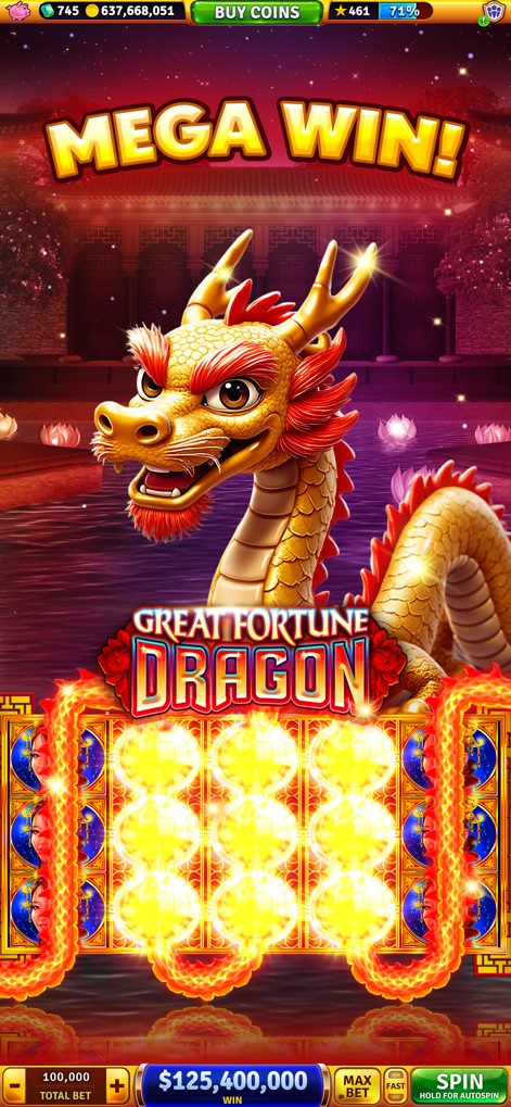 House of Fun: Casino Slots - Users can achieve a "MEGA WIN!" in visually striking games like "Great Fortune Dragon," featuring a majestic dragon and intense fiery reel animations.