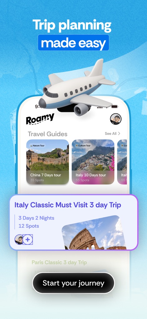 Roamy: Save Spot & Plan Trips - This tool simplifies trip planning by providing a curated selection of travel guides, allowing users to effortlessly discover new destinations like the "Italy Classic Must Visit" trip and instantly begin their journey with a single tap.