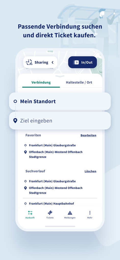 RMVgo - The app presents a clear route planning interface, allowing users to input destinations and quickly access saved favorites or recent search history.