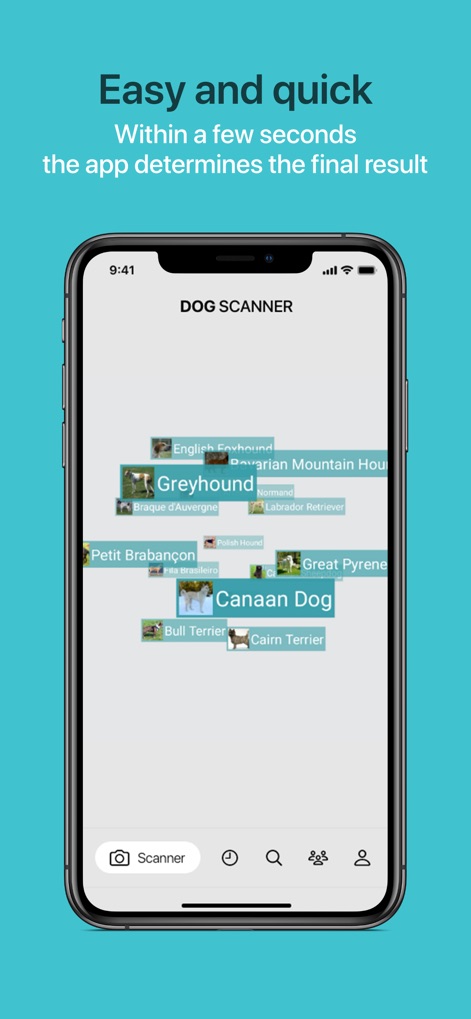 Dog Scanner - The app swiftly analyzes images, displaying a dynamic cloud of potential breed matches and identifying the primary breed within seconds.