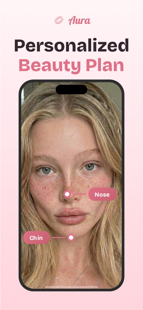 Aura: Your Glow Up Version - Explore how the app pinpoints specific facial features such as the 'Nose' and 'Chin' to outline a 'Personalized Beauty Plan' for users.