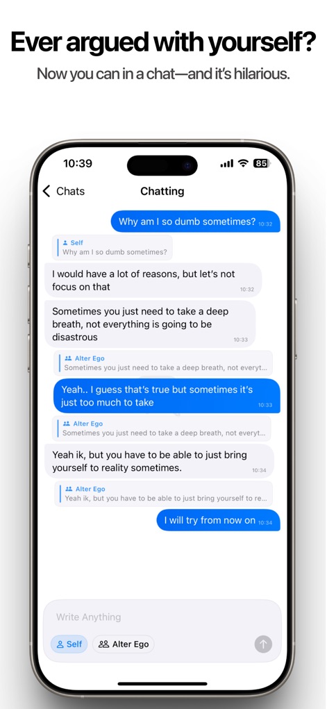 SoloType - Chat with Yourself - 이 앱은 '나'와 '또 다른 자아' 페르소나 간의 스레드 대화를 통해 사용자가 자신과 대화할 수 있는 인터페이스를 제공합니다.
