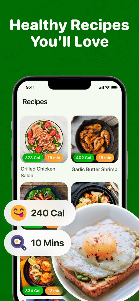 Calo: AI Food Calorie Counter - Users can explore a wide array of healthy recipes, each clearly indicating its calorie count such as '373 Cal' for the 'Grilled Chicken Salad' and preparation time like '15 min'.