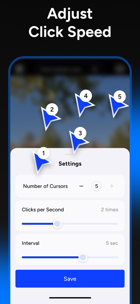 Auto Tapper Assistant App - Easily adjust the "Clicks per Second" and visualize multiple "Number of Cursors" working simultaneously.