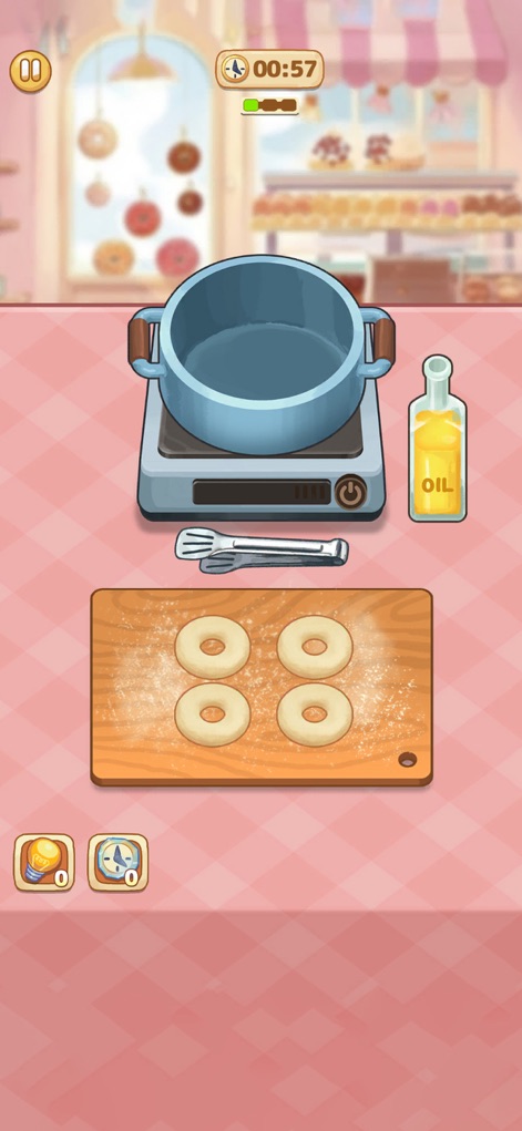 Cookingo: Perfect Meal - Discover the intricate steps of baking, including shaping fresh donut dough and frying it to golden perfection in the virtual pot.