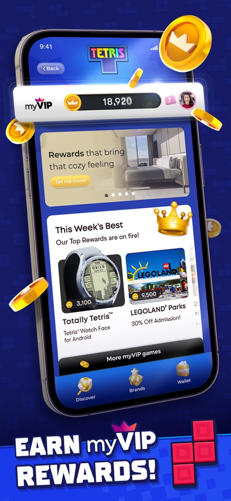 Tetris® - La aplicación presenta el programa 'myVIP' donde los usuarios pueden explorar diversas 'Recompensas' y ver su considerable balance de '18,920' monedas.
