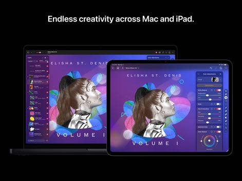 Pixelmator Pro: Edit Images - La imagen ilustra la perfecta integración multiplataforma de la aplicación, permitiendo a los usuarios editar diseños gráficos complejos con paneles de ajuste de color y una gestión avanzada de capas.