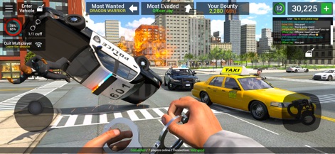 Police Simulator Cop Car Duty - Delve into the consequences of intense city scenarios, highlighting an overturned police car after an incident and the multiplayer chat interface for player communication.