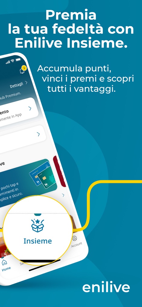 Enilive - The integrated loyalty program is easily accessible via its dedicated icon, clearly detailing how users can accumulate points and unlock exclusive benefits.