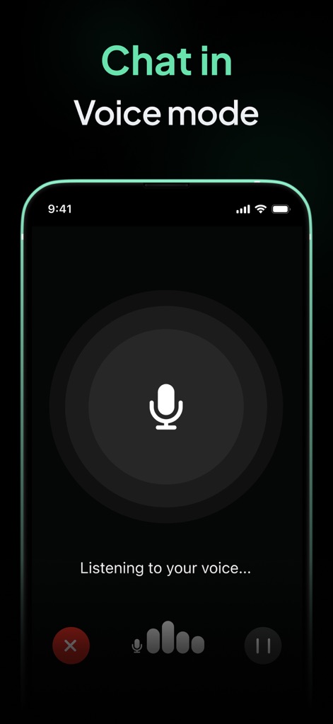 AI Chatbot - Ask Me Anything - The app facilitates hands-free interaction with its prominent microphone icon and responsive sound wave animation, showing its voice mode capabilities.