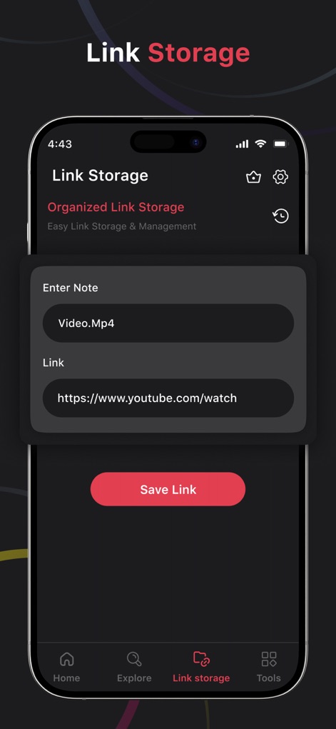 Vid-Matè : Video & Music - Esta función permite a los usuarios almacenar enlaces de forma sencilla, presentando campos de entrada dedicados para notas y enlaces, y un botón de 'Save Link' claramente resaltado para guardar rápidamente.