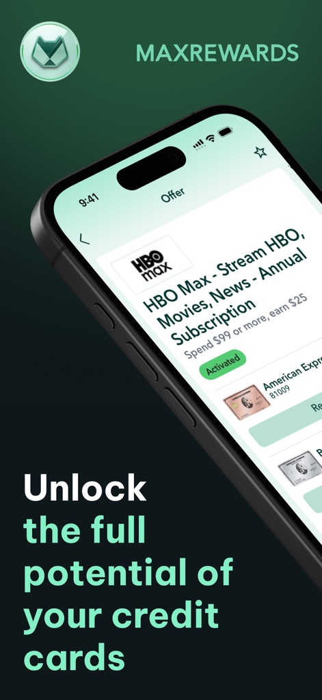 MaxRewards: Rewards & Cashback - This tool showcases automated offer activation, like the "HBO Max" offer, and its impact on earning potential with the "Activated" badge.