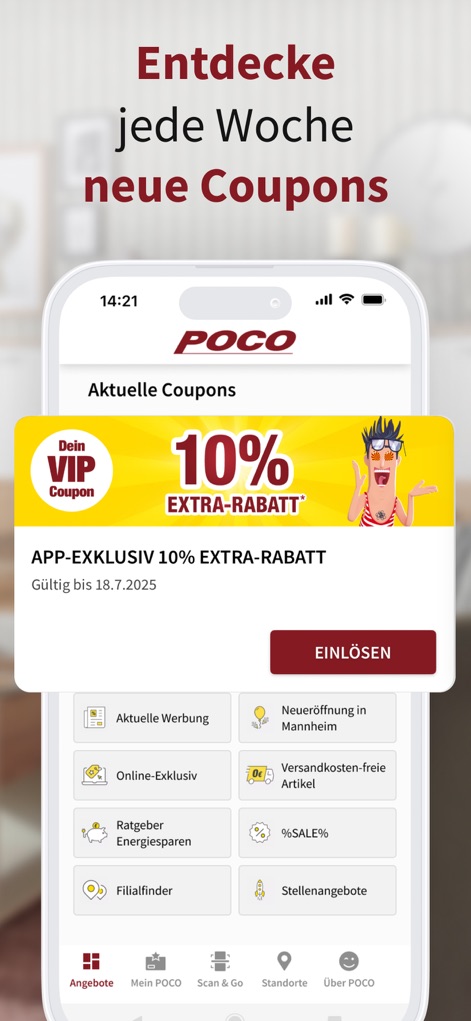 POCO I Möbel, Deko & Prospekte - Esta seção apresenta um banner de "VIP Coupon" com "10% EXTRA-RABATT" e um botão "EINLÖSEN" para resgatar descontos exclusivos do aplicativo.