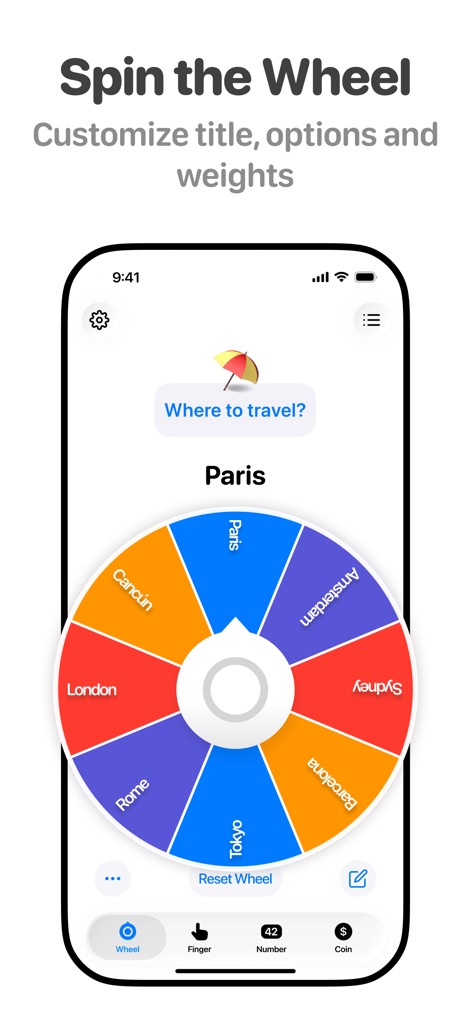Tiny Decisions - Os usuários podem personalizar a roda com múltiplas opções de escolha, como destinos de viagem, e visualizar um design vibrante e fácil de usar.