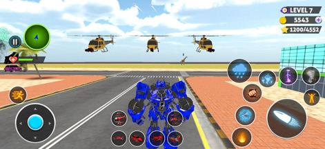 Dino Game & Robots Simulator - Explore the vast open-world city backdrop where the blue robot confronts multiple helicopters in the sky, demonstrating the app's expansive combat opportunities.