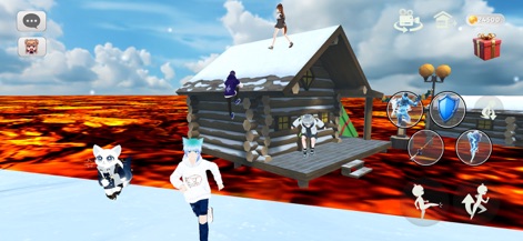The floor is lava game brawl - このスリル満点のアクションゲームでは、ユーザーは危険な溶岩が迫る雪に覆われた家屋を舞台に、アニメキャラクターを操作して生き残ります。画面には、キャラクターたちが活用できる様々なアビリティを示すUIアイコンと、独特な雪の家屋の景観が視覚的に特徴付けられています。