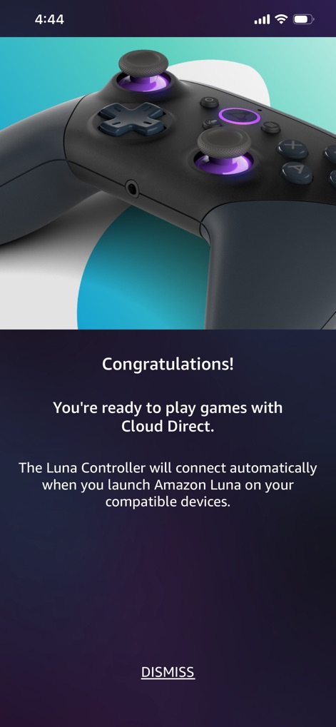 Luna Controller - L'app conferma la corretta configurazione con un messaggio di congratulazioni ("Congratulations!") e assicura che il Luna Controller si connetterà automaticamente tramite Cloud Direct, come specificato nel testo informativo.