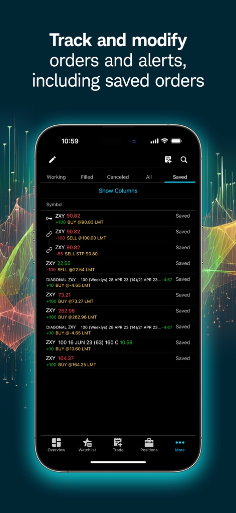 thinkorswim: Trade. Invest. - Nutzer können ihre Handelsaufträge effizient verfolgen und bearbeiten, wobei eine spezielle "Saved"-Ansicht alle gespeicherten Aufträge anzeigt und komplexe Auftragsarten wie "DIAGONAL ZXY" unterstützt werden.