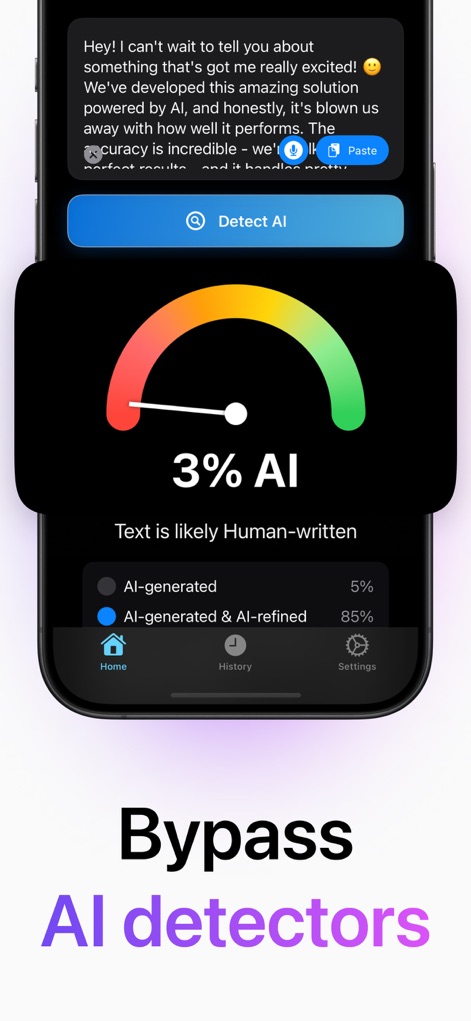 Humanize AI: Paraphrase Tools - Questo strumento include un avanzato rilevatore AI, come dimostrato dal "Gauge di percentuale AI" che indica la probabilità di scrittura umana, e dalle "Opzioni di rilevamento" dettagliate che distinguono tra contenuto generato e raffinato dall'AI.