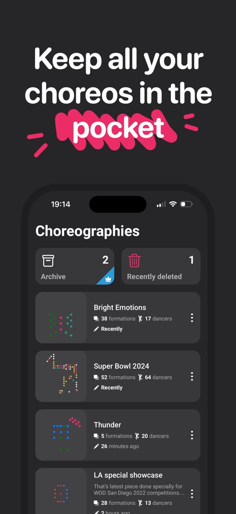 ArrangeUs - Maintain an organized collection of all dance routines, evidenced by the "Choreographies" list showing "Bright Emotions" and "Super Bowl 2024" projects.