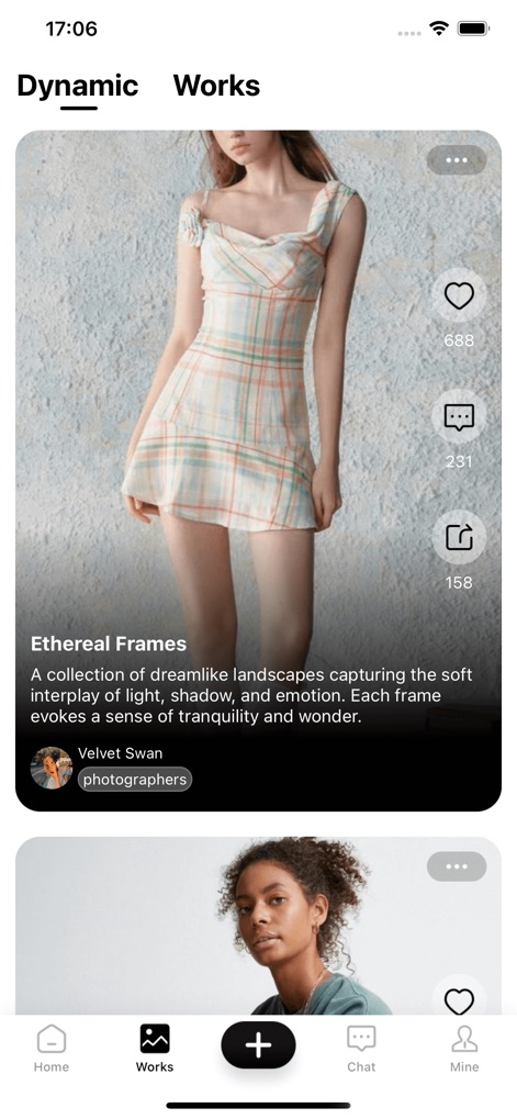 Tjgo - Video Chat，Adult Share - A galeria de 'Obras' exibe trabalhos como 'Ethereal Frames', permitindo aos usuários interagir através dos ícones de 'curtir' e 'comentar' à direita da imagem.