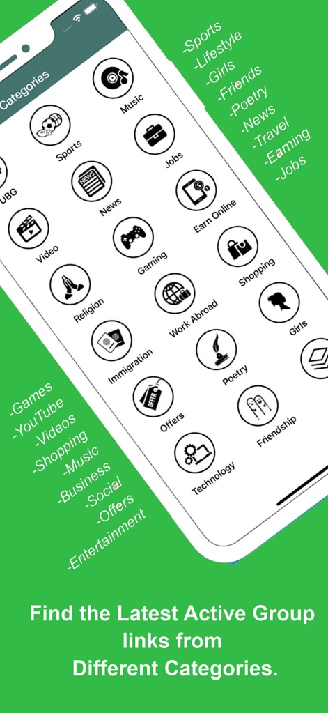 Active groups for WhatsApp - ユーザーは、スポーツやビジネスなどの多様なカテゴリーアイコンを視覚的に探索し、各アイコンに付随する関連カテゴリ名でグループを絞り込むことができます。