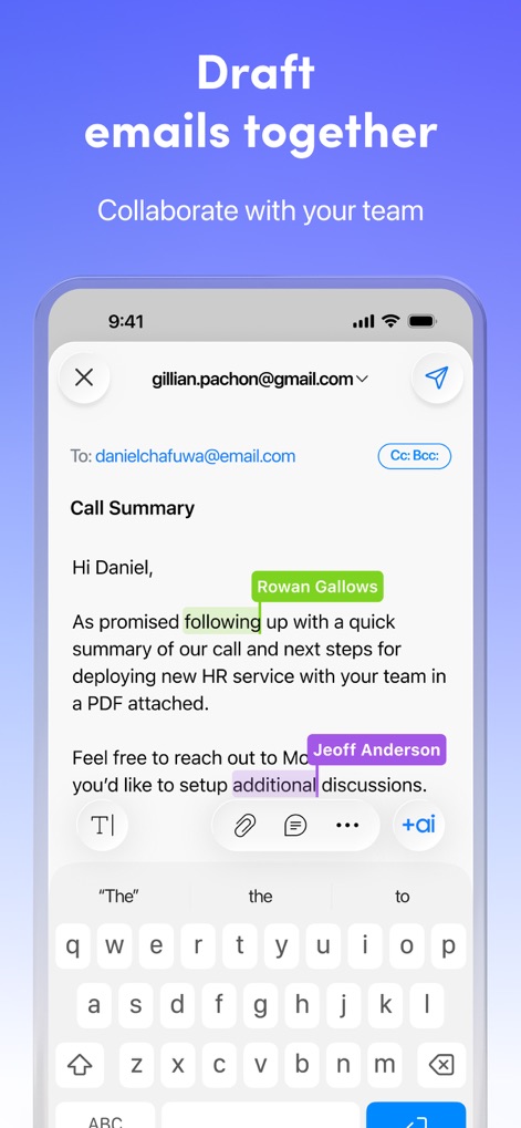 Spark AI Email & Calendar - Teams can co-author emails with real-time feedback from collaborators like "Rowan Gallows" and leverage the "+ai" assistant for drafting assistance.