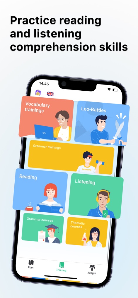 Lingualeo: Language Learning - Discover the app's diverse training options, including dedicated modules for 'Reading' and 'Listening' comprehension, alongside specialized 'Grammar courses' and 'Thematic courses'.
