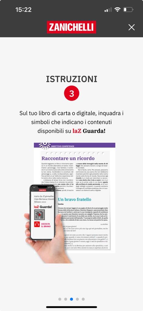 laZ Guarda! - La aplicación ofrece **instrucciones claras y numeradas** sobre cómo escanear contenido, complementadas por una **representación visual explícita** de un smartphone interactuando con una página de libro.
