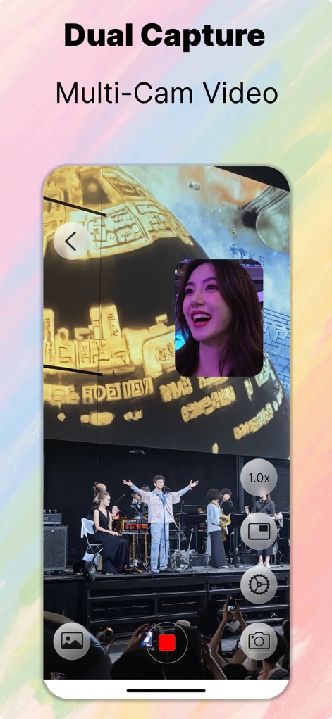 CamFusion - Dual Camera 视频抽帧截图 - Esta herramienta ofrece grabación simultánea con cámaras frontal y trasera, permitiendo a los usuarios documentar un evento principal y sus reacciones en tiempo real a través de una superposición intuitiva.