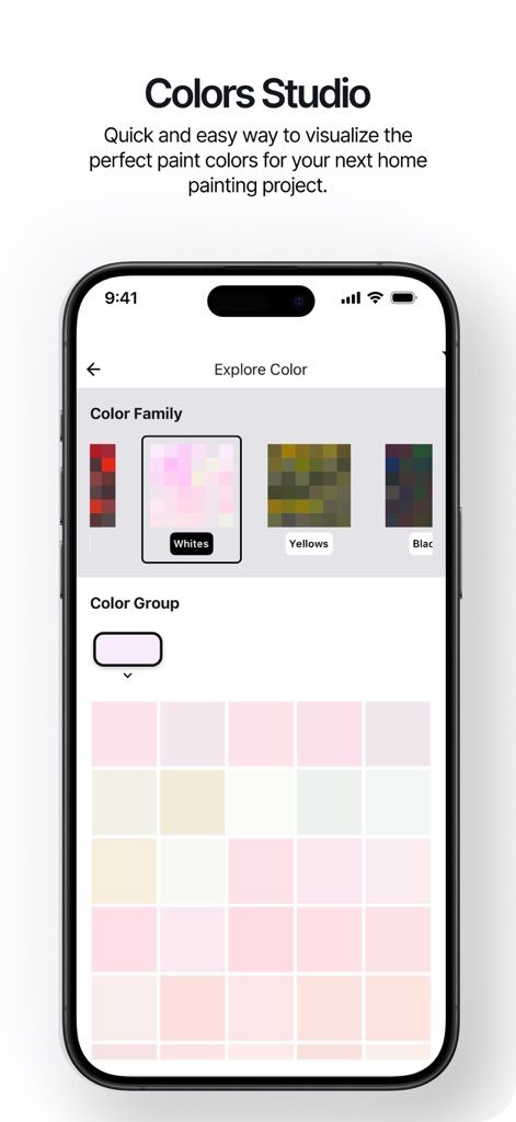 Renovate AI - Home Design - Le "Studio des Couleurs" permet d'explorer des "familles de couleurs" spécifiques comme les "Blancs" et les "Jaunes", facilitant le choix de la teinte idéale pour un projet.